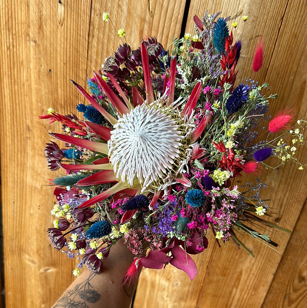 Dried flower bouquet, protea, color explosion, boho chic