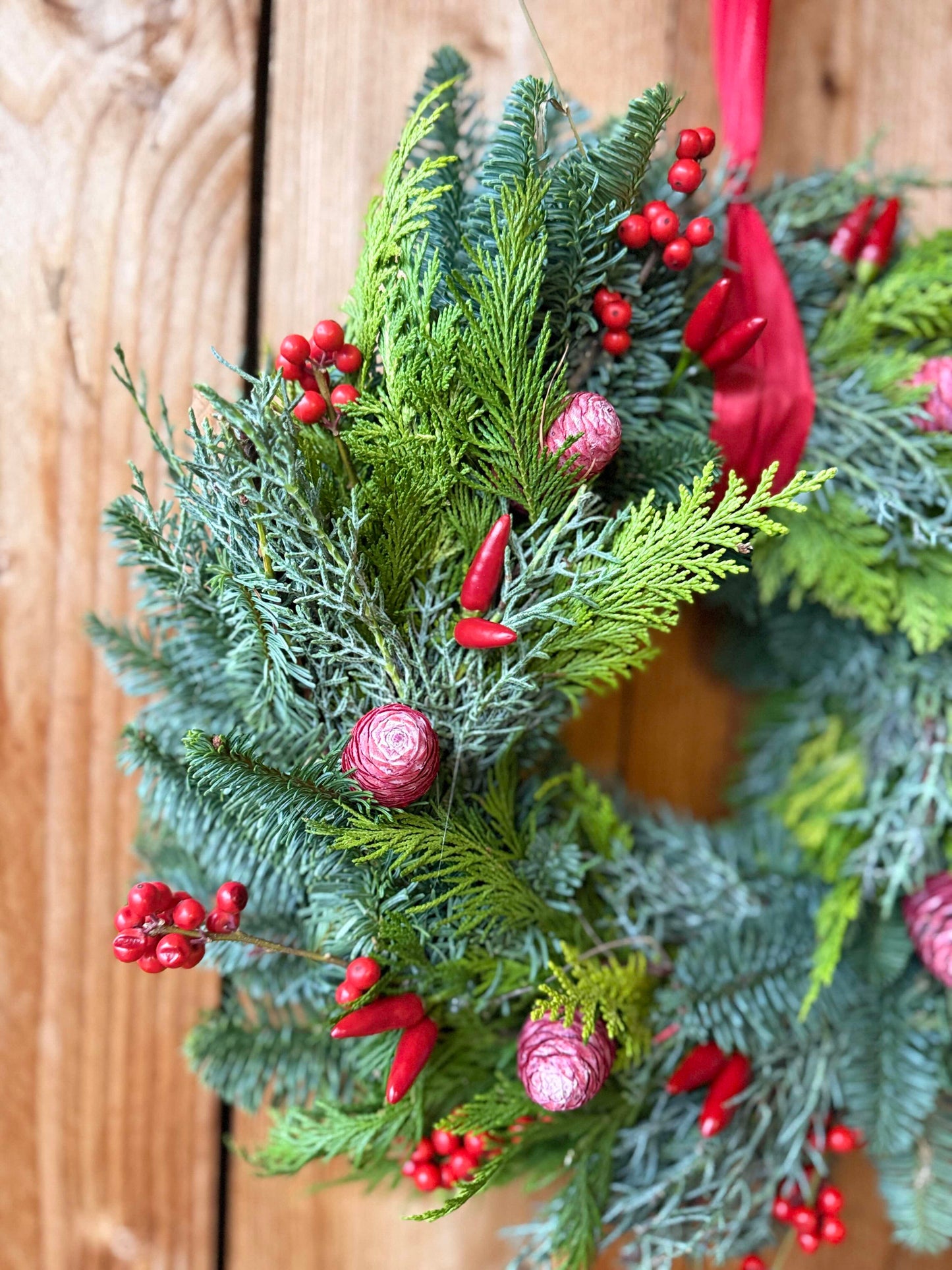 Winter Wreath Classic Red with Conifers, Pinecones & Red Berries