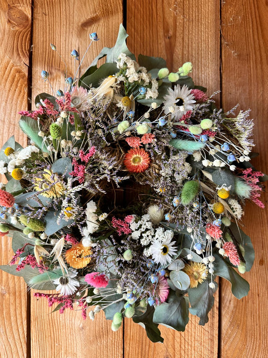 Spring Wreath with Dried Flowers, Eucalyptus & Wildflowers