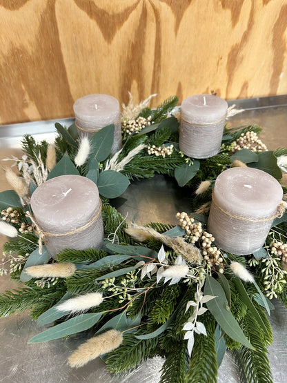 Scandinavian Natural Advent wreath with eucalyptus and dried flowers – Grey Beige