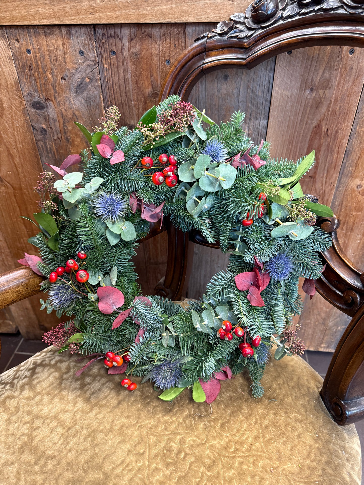 Winter Magic Door Wreath – Hand-tied with Eucalyptus, Thistles & Red Berries