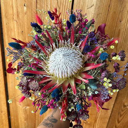 Dried flower bouquet, protea, color explosion, boho chic