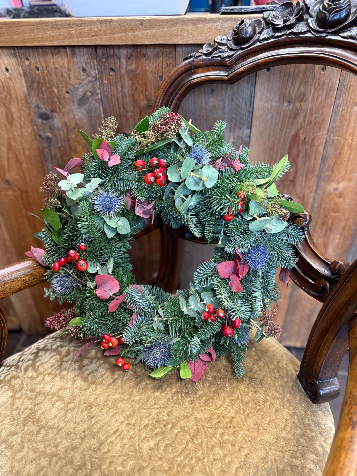 Winter Magic Door Wreath – Hand-tied with Eucalyptus, Thistles & Red Berries