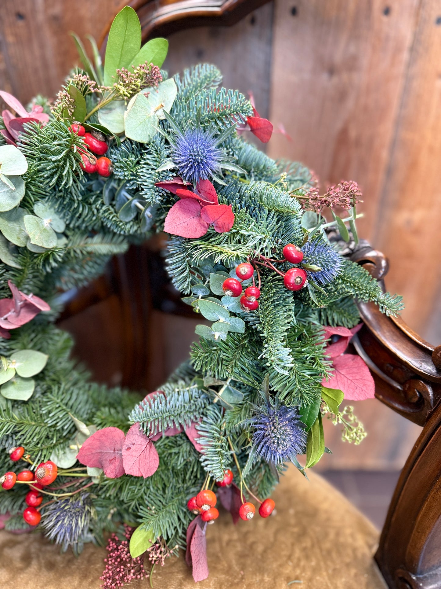 Winter Magic Door Wreath – Hand-tied with Eucalyptus, Thistles & Red Berries