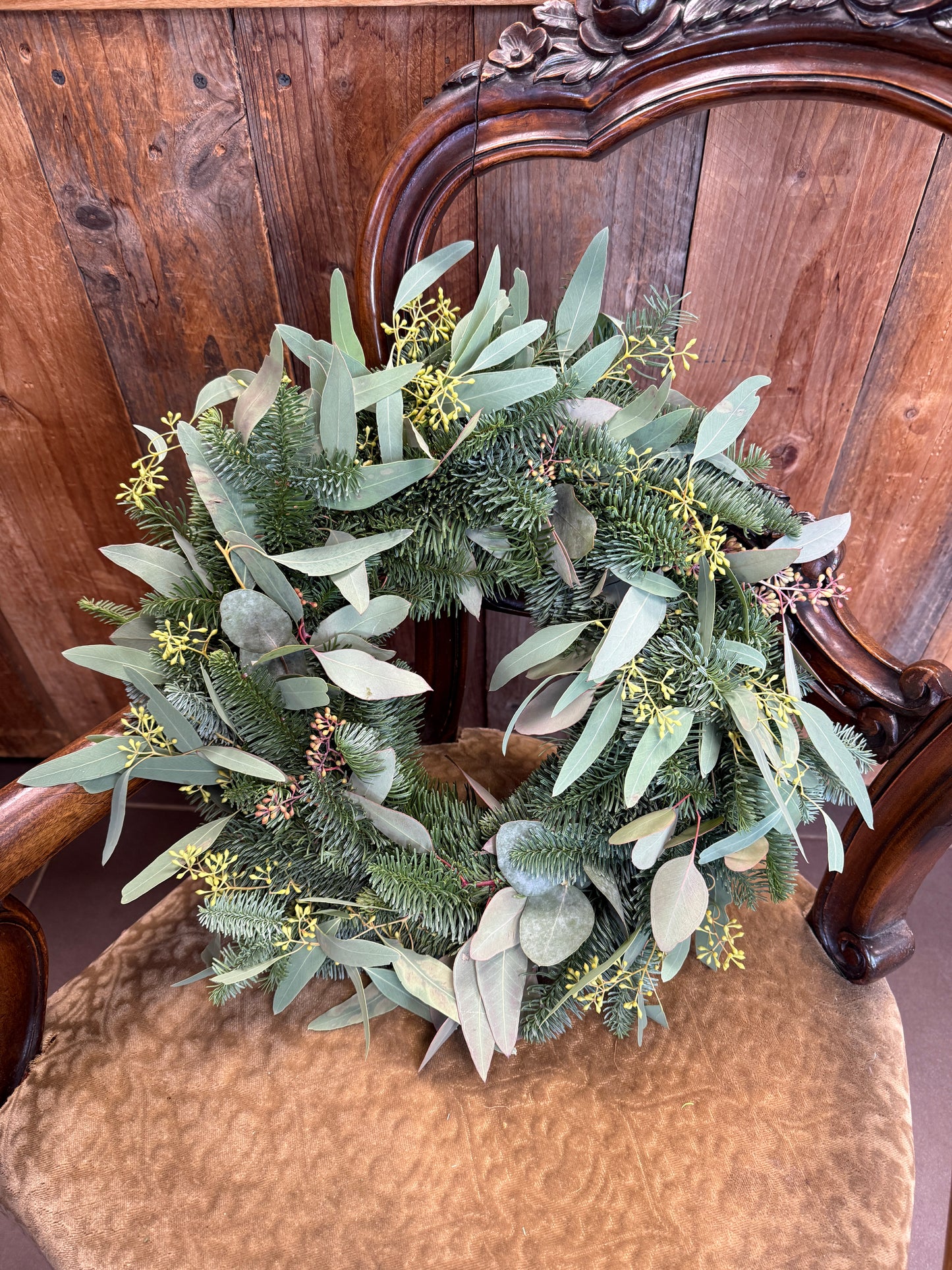 Eucalyptus & fir greenery door wreath – Natural winter wreath, hand-tied in Scandinavian style