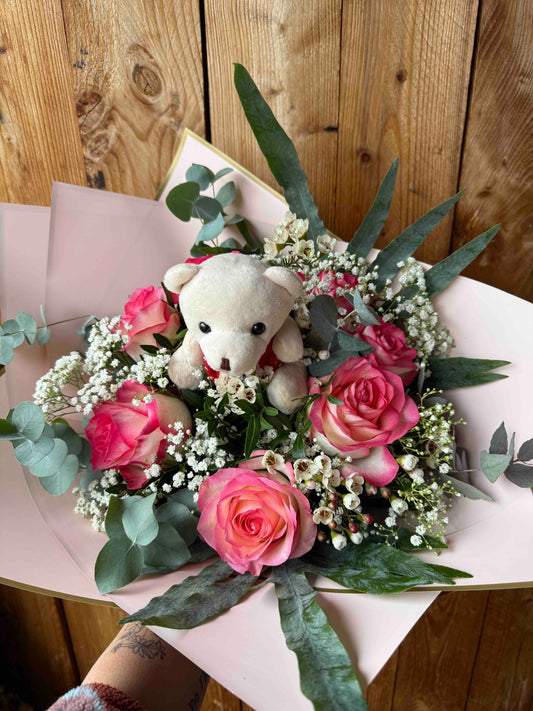 Valentine’s Day Bouquet with Roses, Eucalyptus & Teddy in Pink & Red