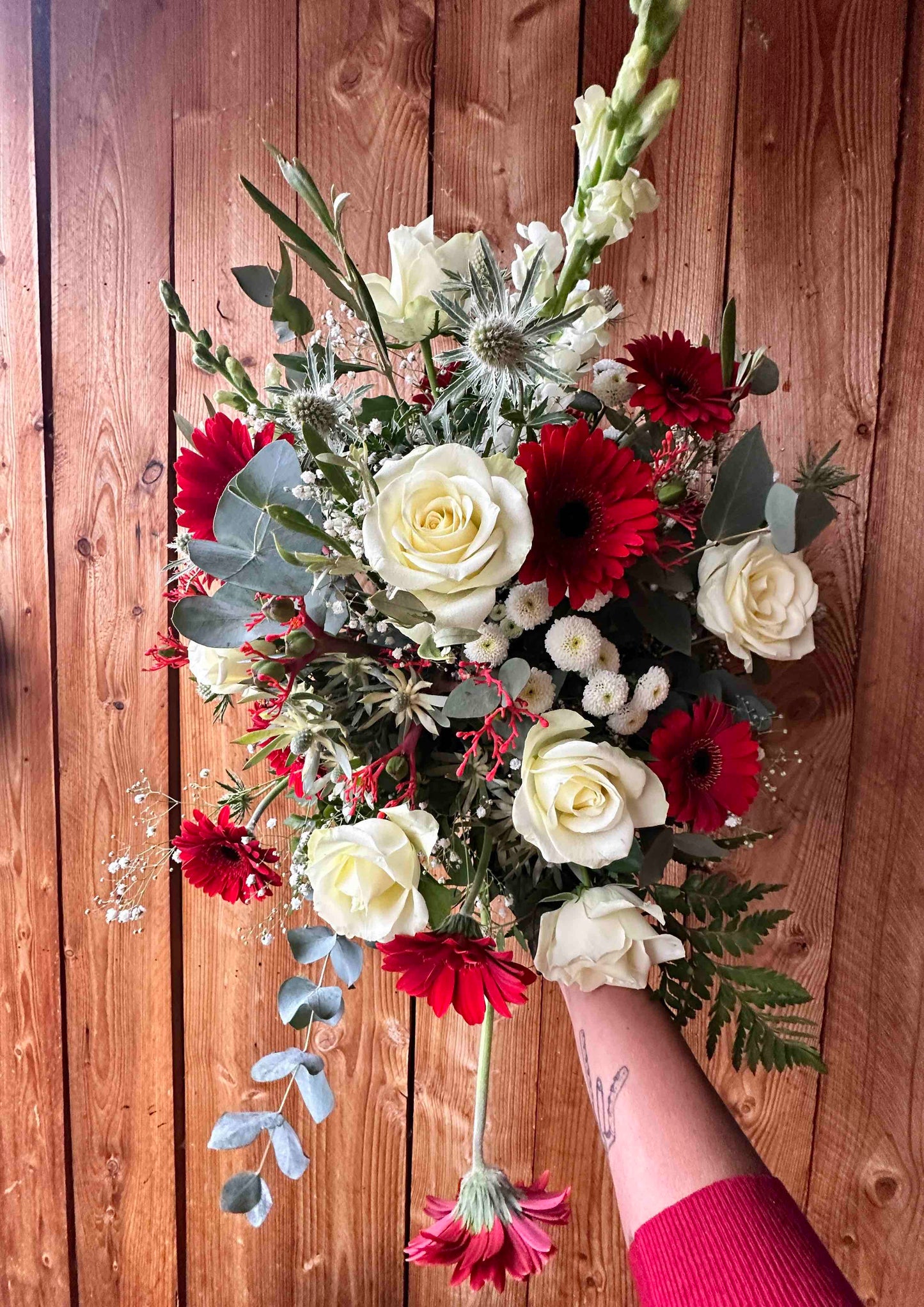 Funeral Bouquet Red Grace – Roses, Gerbera & Eucalyptus in Red and White