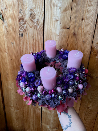 Advent Wreath Pink Velvet Glow – Pink & Violet Luxury Wreath Handcrafted