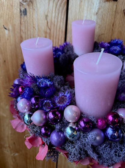 Advent Wreath Pink Velvet Glow – Pink & Violet Luxury Wreath Handcrafted