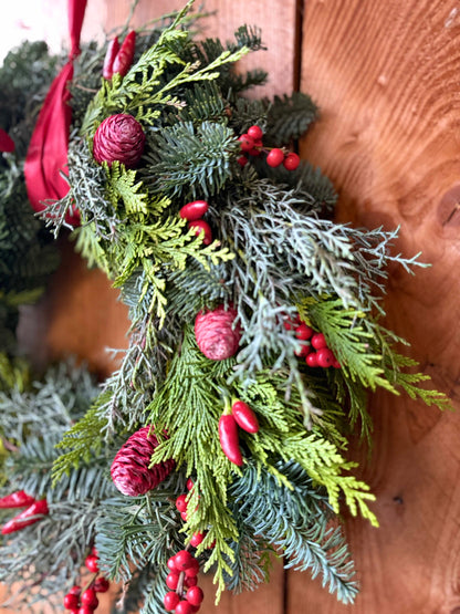 Winter Wreath Classic Red with Conifers, Pinecones & Red Berries