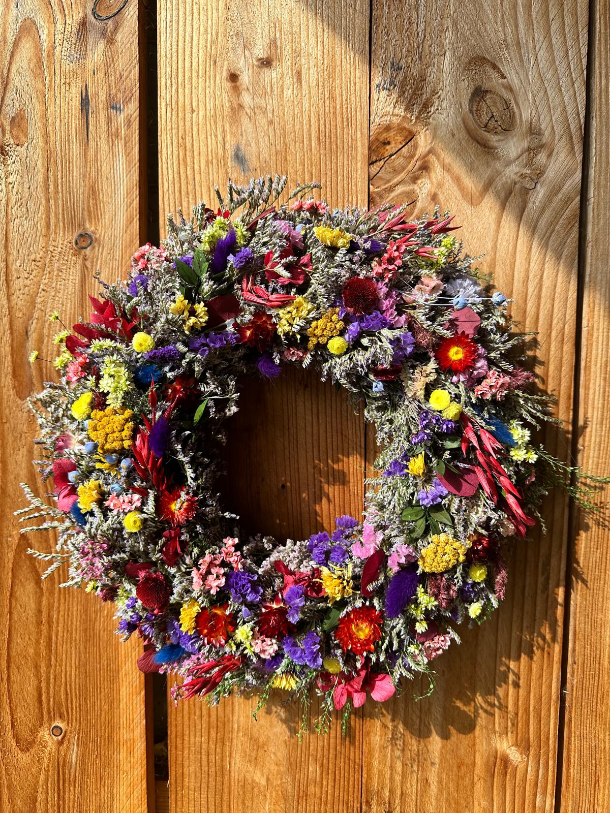 Colorful Spring Wreath with Dried Flowers & Wild Blooms