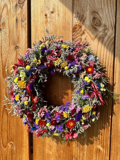 Colorful Spring Wreath with Dried Flowers & Wild Blooms