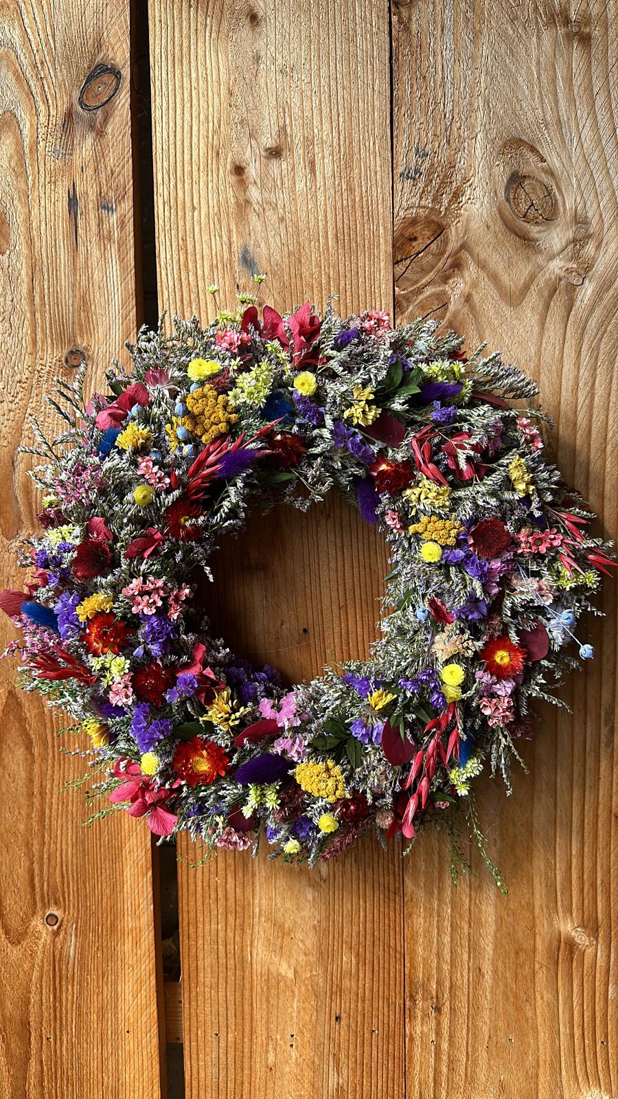 Colorful Spring Wreath with Dried Flowers & Wild Blooms