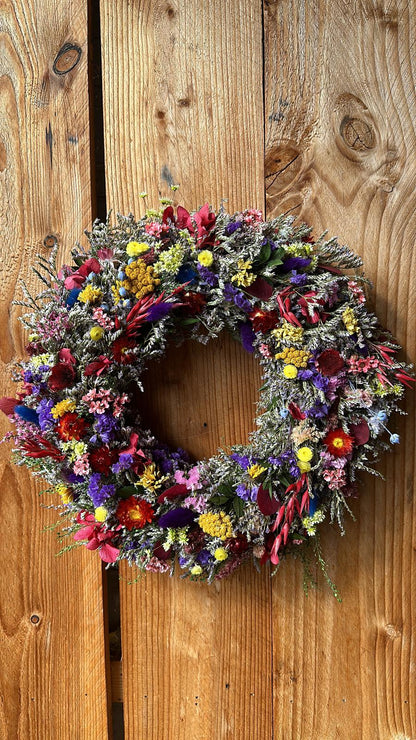 Colorful Spring Wreath with Dried Flowers & Wild Blooms